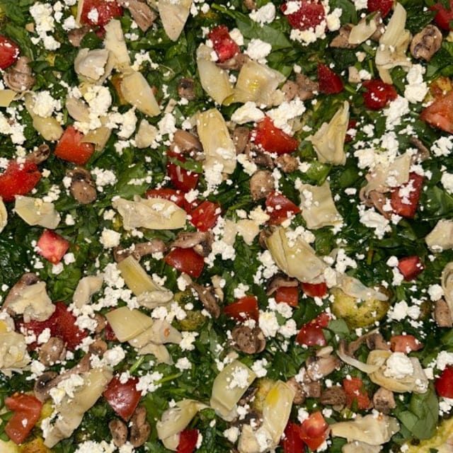 Spinach & Feta Pizza With Pesto & Artichokes.