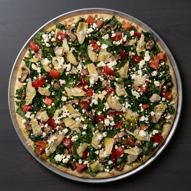 Spinach & Feta Pizza With Pesto & Artichokes.